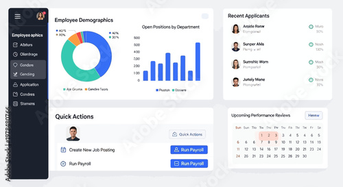 Employee demographics and performance dashboard with quick actions and calendar.