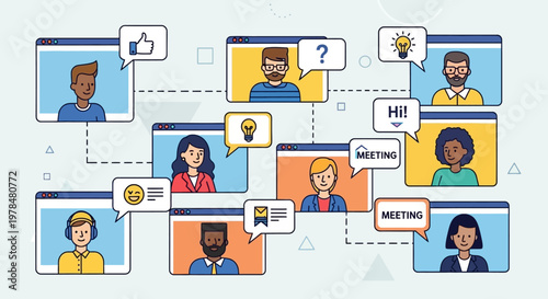 Illustration of a diverse group of people participating in a virtual video conference meeting with chat and communication icons.