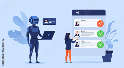 Artificial intelligence robot assisting human with data verification on digital interface.