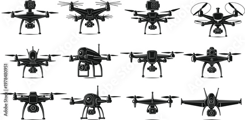 Drone and quadcopter silhouettes set featuring various unmanned aerial vehicle models with cameras and propellers for aerial photography and technology designs on white background
