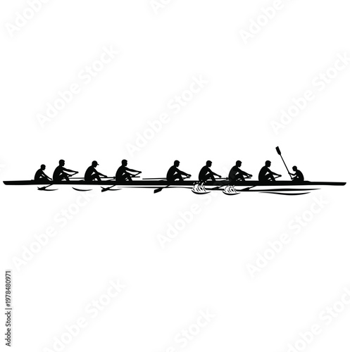 A rowing team on the water depicted in a striking silhouette