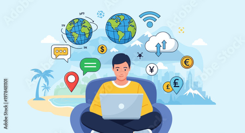 Young man using laptop with global communication and internet technology icons.