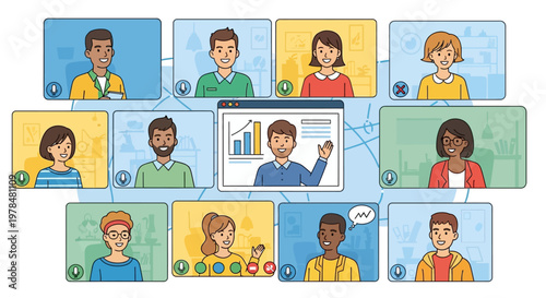 Diverse group of people participating in a virtual online meeting with video chat interface.