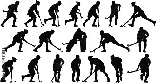 Field hockey players silhouette set with athletes running hitting and goalie poses vector illustration icons isolated on white background for sports and competition design