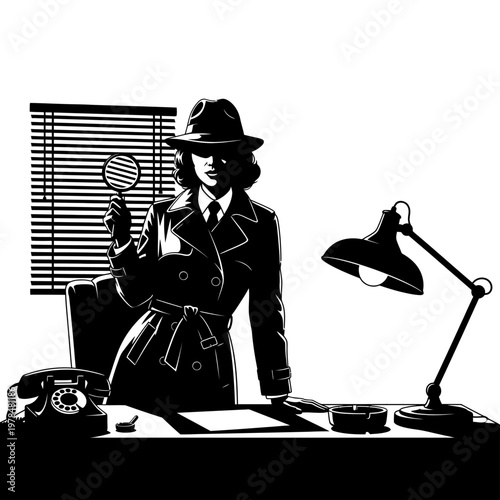 Female Detective Holding Magnifying Glass in Noir Style Illustration.
