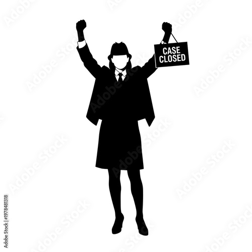 Silhouette of a victorious woman holding a Case Closed sign.