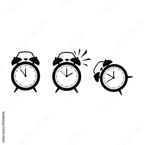 Alarm clocks displaying different times illustrating a sequence silhouette