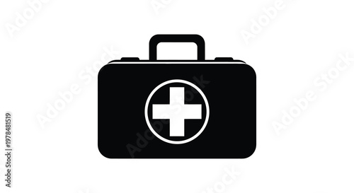 A black medical kit symbol with a white cross inside a striking silhouette