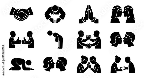 Cultural greeting icons set, 12 black vector symbols of global salutations, traditional etiquette and social gestures for business and travel
