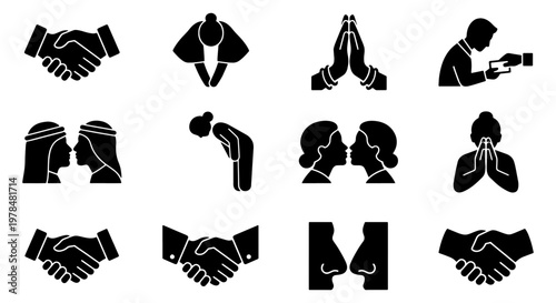 Global greeting icons set, 12 cultural salutation vector symbols, traditional handshake and bowing gestures, diverse international welcome signs