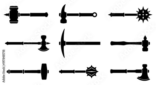 Medieval weapon silhouettes set, 9 black vector icons of ancient war hammers and axes, historical battle equipment for gaming and design