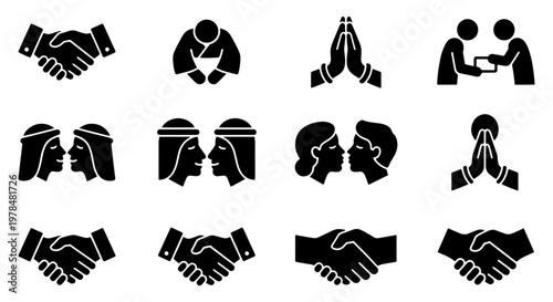 Global Greeting Icons Set, 12 Cultural Salutation Vector Elements, Handshake and Bowing Symbols, Diverse International Business Etiquette Graphics