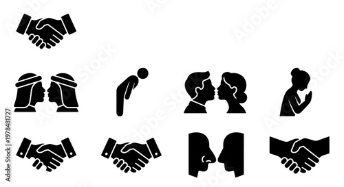 Global greeting icons set, cultural salutation symbols including handshake and bowing, black silhouette people greeting vector collection