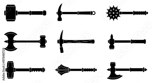 Medieval weapon silhouettes set, 9 black vector icons of ancient battle axes and war hammers, fantasy mace and morning star collection for gaming