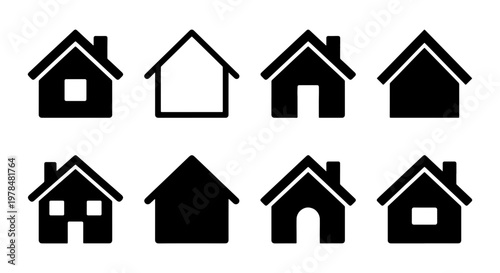 Minimalist house icon set, black silhouette home symbols for real estate, 8 vector building elements for web interface and property listings