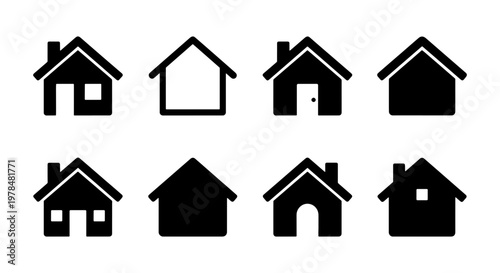 Minimalist house icon set, 8 black home vector symbols, simple residential building silhouettes for real estate and web interface design