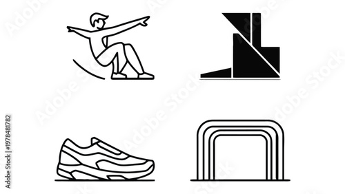 Linear sport and leisure icons set: A minimalist vector icons that capturing the essence of sports, including a free runner, shoes, a puzzle, and a sports equipment.