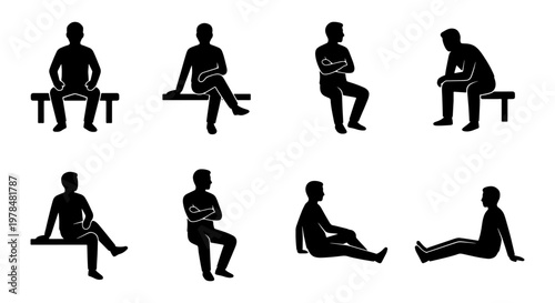 Sitting men silhouettes set, collection of 8 male figures in various seated poses, black human character icons resting on benches and ground