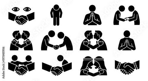 Greeting etiquette icons set, cultural handshake and bowing gestures, 12 black vector pictograms of global social salutations and respect