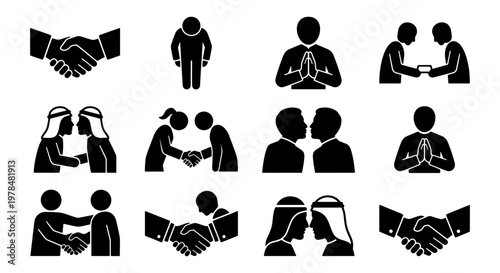 Global greeting icons set, cultural etiquette and business handshake symbols, 12 vector pictograms of international salutations and respect
