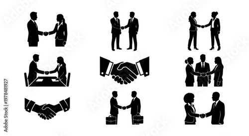 Professional business handshake silhouettes, corporate partnership icons set, successful deal and agreement symbols, 9 vector elements for finance
