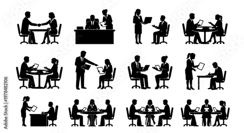 Business people silhouettes set, professional office meeting and corporate teamwork icons, 12 vector scenes of colleagues collaborating at desks
