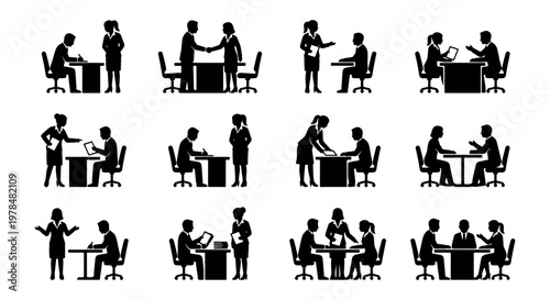Business meeting silhouettes set, professional office interaction icons, corporate people working at desks, 12 vector elements for recruitment and HR