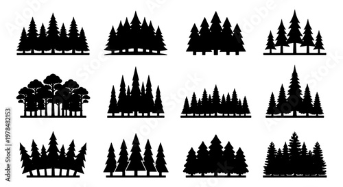 Minimalist pine tree silhouettes, set of 12 forest landscape icons, black evergreen timber vector graphics for outdoor adventure and camping logos
