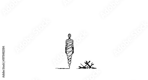 mummified person standing next to a destroyed city