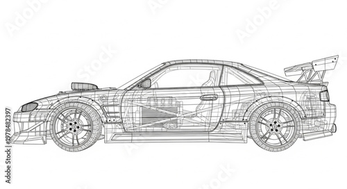 Detailed technical drawing of a sports car with spoiler.
