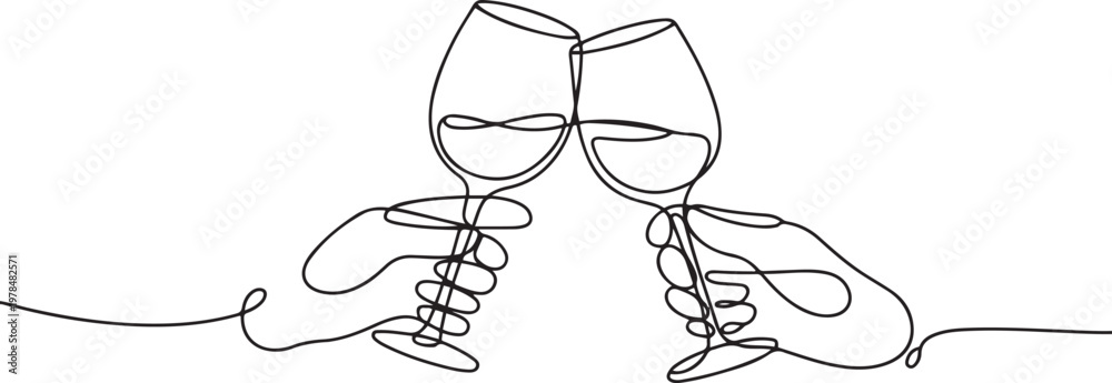 Fototapeta premium hands hold wine clinking glasses line art vector illustration, continuous drawing contour. one line Icon drawing