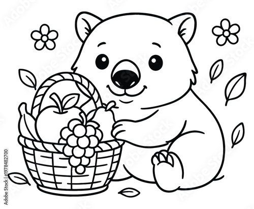 Cute wombat with fruit basket and flowers coloring page.