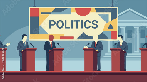 Schilderij op canvas Political Debate Illustration with Candidates at Podium and 'Politics' Banner