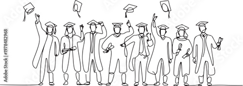 group of graduation people line art style vector illustration. one line Icon drawing