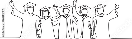 group of graduation people line art style vector illustration. one line Icon drawing