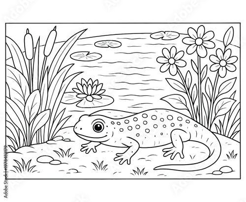 Cute salamander in water on grassy bank with reeds and flowers, coloring book page.