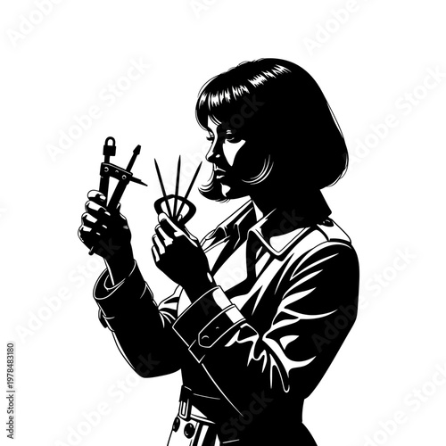 Silhouette of a woman holding various sculpting tools in her hands.