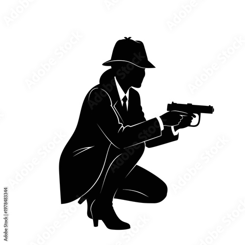 Silhouette of a Woman in a Suit Aiming a Gun.