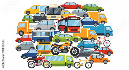 Collection of various vehicles and transportation modes arranged in a circle.
