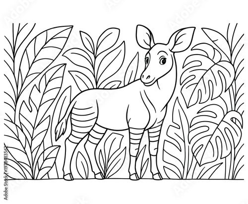 Okapi with striped legs in tropical jungle leaves, outline drawing.