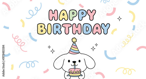 Kawaii dog birthday, happy birthday dog, cute dog celebration, colorful party