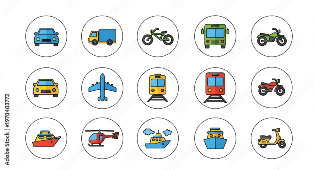 Fototapeta premium Collection of various transportation vehicles and modes of transport icons.