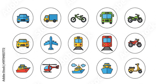Collection of various transportation vehicles and modes of transport icons.