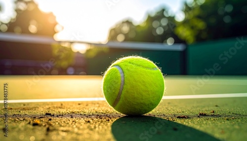 Tennis ball sits on clay court surface in sunlight with trees and fence