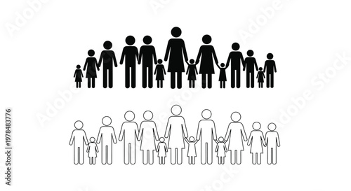 A depiction of two families one black and one white standing together in a line
