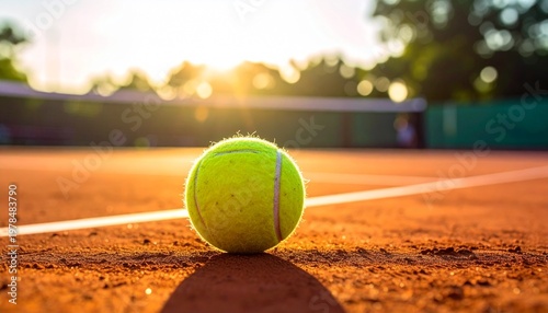 A tennis ball sits on a clay court with a blurred background at sunset