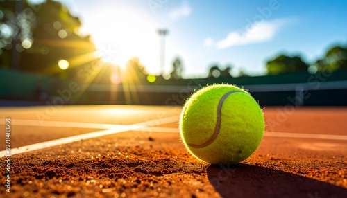 Tennis ball sits on clay court near sunlit trees and blue sky