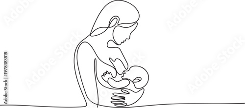 mother and child, line art drawing of woman is breastfeeding a child drawn picture silhouette. one line Icon drawing