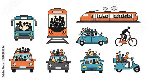 Various modes of public and private transportation filled with people.