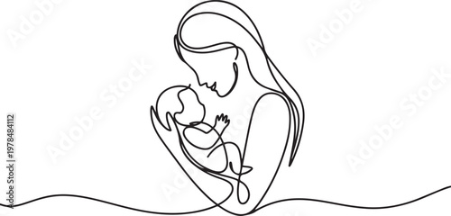 Mother and baby line art vector illustration, mothers day celebration. one line Icon drawing